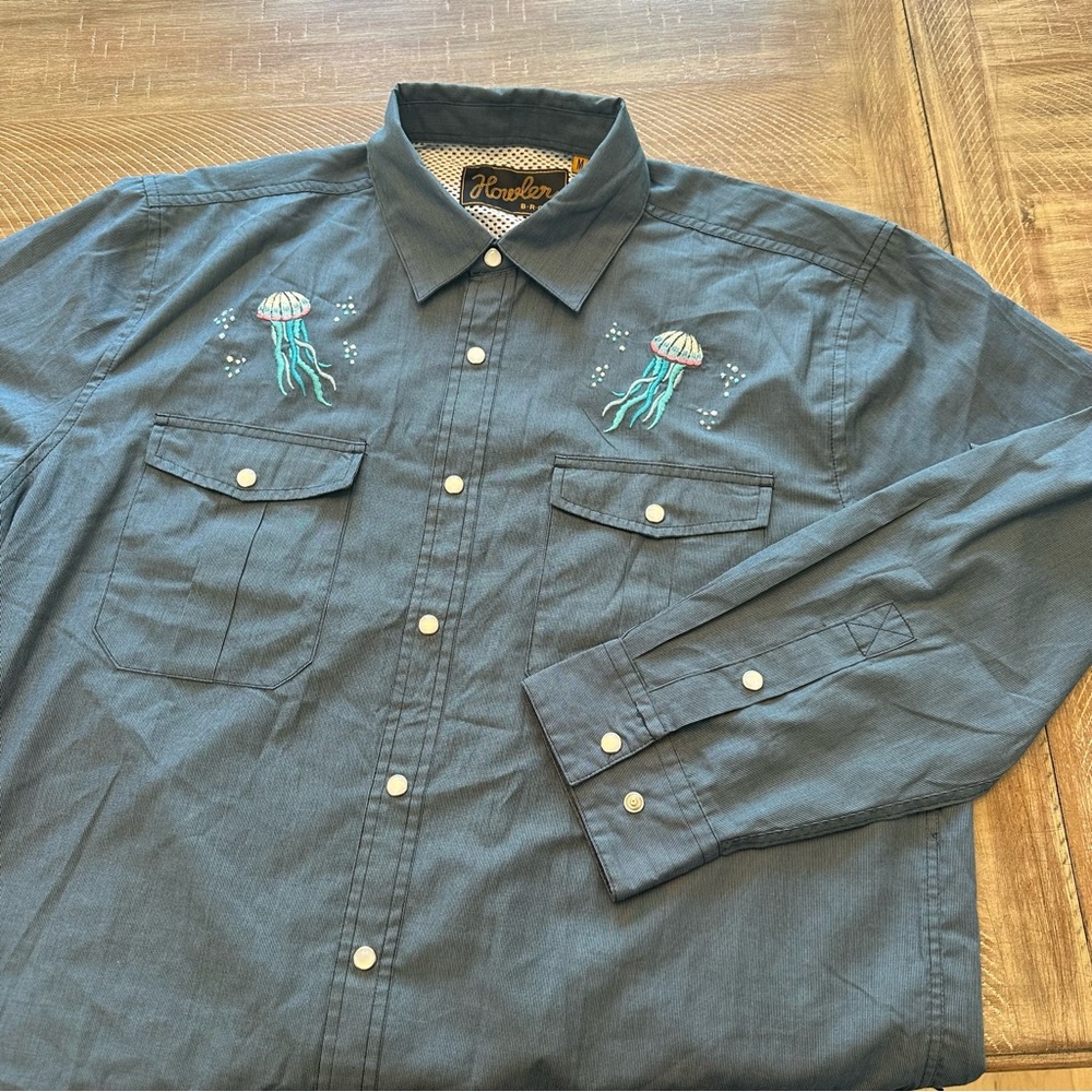 Howler Bros Shirt Mens Medium Blue  Jellyfish Gaucho Snap Western Long Sleeve